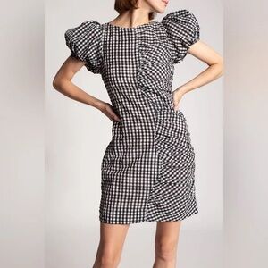 Ganni Seersucker Monochrome Puff Sleeve Dress